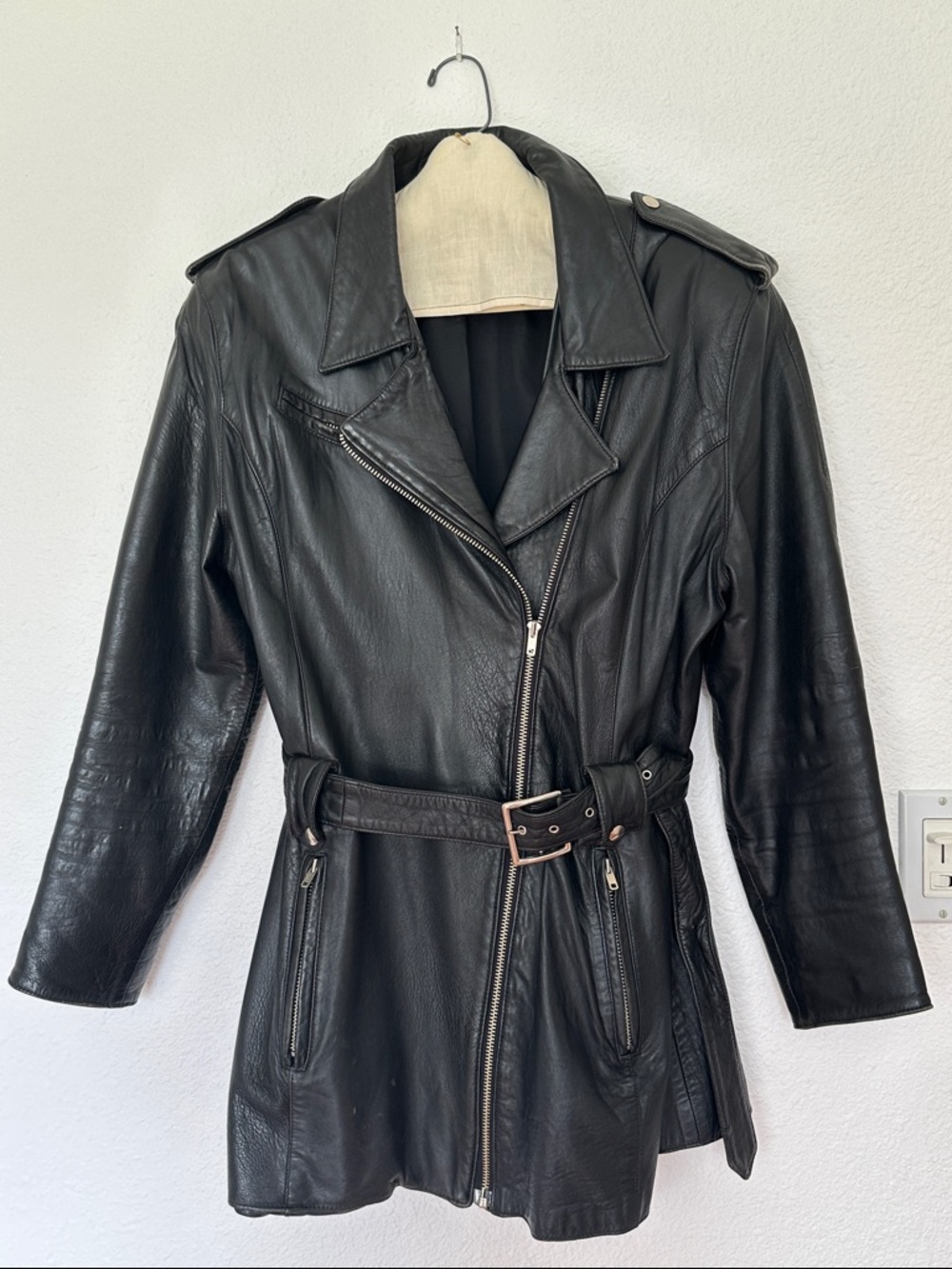 Vintage Nordstrom Savvy Black Leather Belted Moto Jacket